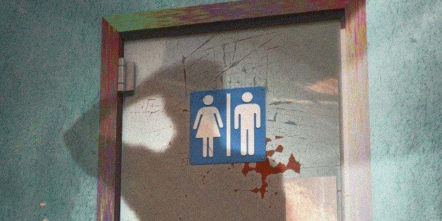 USA - 2010: Rick Nease color illustration of shadow of man puzzling over whether or not to enter a unisex public restroom. (Detroit Free Press/MCT via Getty Images)