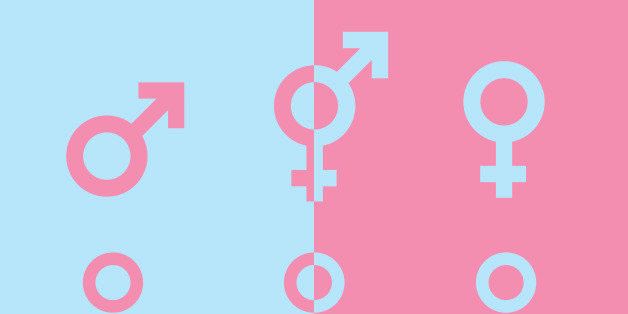 Transgender transsexual concept. Icon of different gender persons with male female marker. Vector illustration on pink blue background.