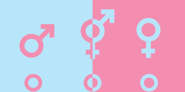 Transgender transsexual concept. Icon of different gender persons with male female marker. Vector illustration on pink blue b
