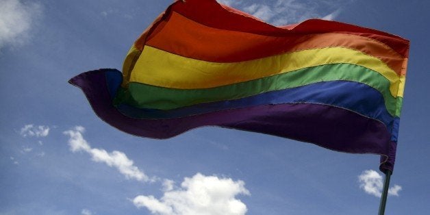 A reveler flutters a rainbow flag during the Gay Pride Parade in Medellin, Antioquia department, Colombia on June 28, 2015. A