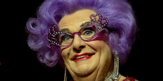 Australian TV presenter Barry Humphries performs on stage as Dame Edna for the Farewell Tour, at the London Palladium theatre, in central London, Wednesday, Nov. 13, 2013. (Photo by Joel Ryan/Invision/AP)