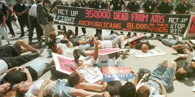 SAN DIEGO, CA - AUGUST 13: Members of Act Up stage a protest in front of the Convention center, protesting GOP policies on AIDS awareness and Gay rights. (Photo by Tom Herde/The Boston Globe via Getty Images)