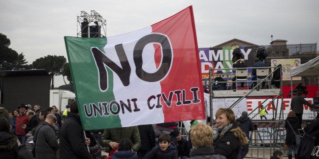 CIRCO MASSIMO, ROMA, ITALY - 2016/01/30: Banner use during family day in Circus Maximus, Rome. For the third time the movement for the defense of the family meets in Rome to protest against the bill CirinnÃ in favor of civil unions for homosexual couples. (Photo by Davide Bosco/Pacific Press/LightRocket via Getty Images)