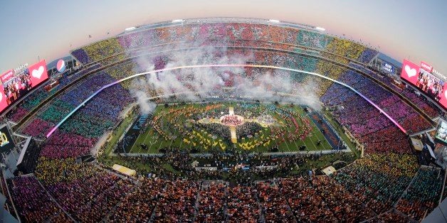 Beyonce, Coldplay singer Chris Martin and Bruno Mars perform during halftime of the NFL Super Bowl 50 football game Sunday, Feb. 7, 2016, in Santa Clara, Calif. (AP Photo/Morry Gash)