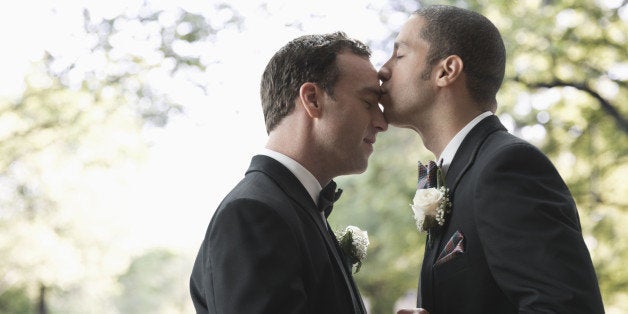 Newlywed grooms kissing