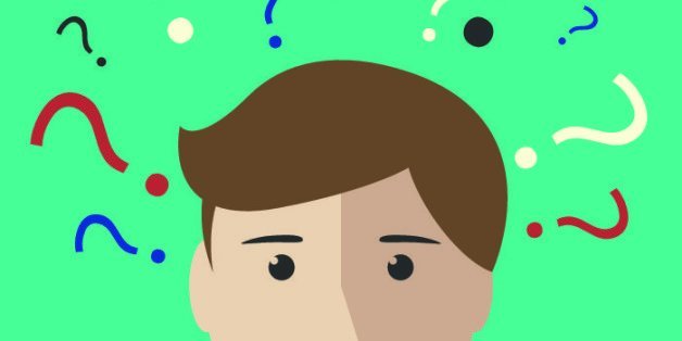 Many multicolor question marks above the head of young man or boy. Making decision, thinking, uncertainty, learning concept.