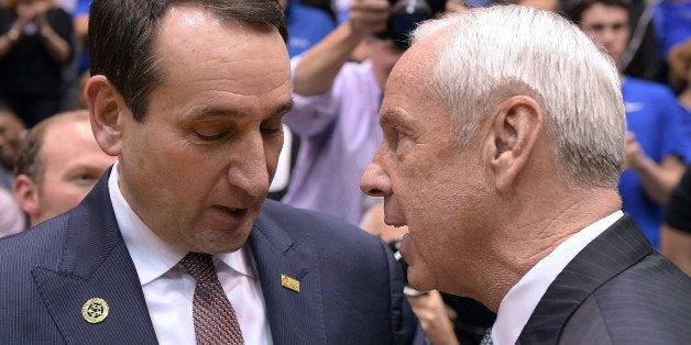 DURHAM, NC - MARCH 05: Head coach Mike Krzyzewski (L) of the Duke Blue Devils talks with head coach Roy Williams of the North Carolina Tar Heels prior to their game at Cameron Indoor Stadium on March 5, 2016 in Durham, North Carolina. (Photo by Lance King/Getty Images)