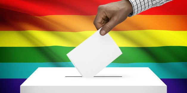Ballot box with national flag on background - LGBT flag