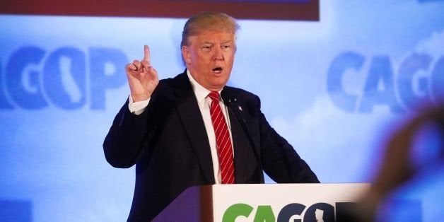 US Republican presidential candidate Donald Trump addresses the California Republican Party 2016 Convention in Burlingame, California, April 29, 2016. Hundreds of protesters jostled with police in riot gear outside a California hotel where Republican presidential frontrunner Donald Trump was to give a speech, forcing the candidate to duck into a back entrance. / AFP / GABRIELLE LURIE (Photo credit should read GABRIELLE LURIE/AFP/Getty Images)