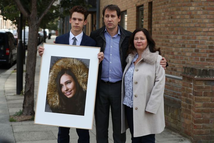 Nadim and Tanya Ednan-Laperouse, with their son Alex, outside West London Coroners Court, following the conclusion of the inquest into the death of their daughter.