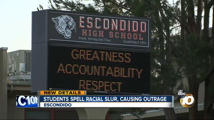 Students at Escondido High School in California are facing disciplinary action after spelling out racial and anti-gay words for school photos.