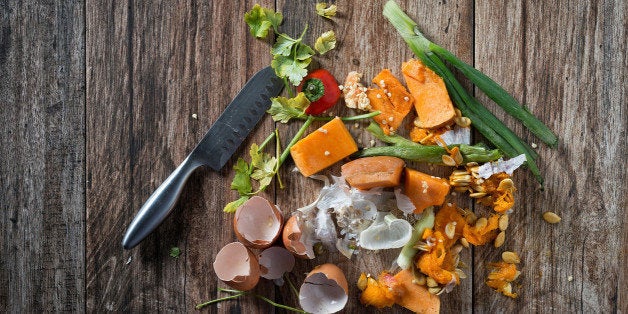 Organic leftovers, waste from vegetable ready for recycling and to compost. Collecting food leftovers for composting. Environmentally responsible behavior, ecology concept.