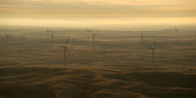 Wind turbines owned by PrairieWinds ND1 Inc., a subsidiary of Basin Electric Power Cooperative, seen at sunrise just south of