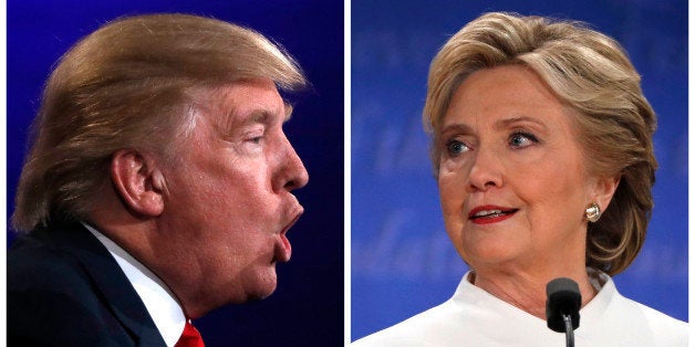 A combination photo shows Republican U.S. presidential nominee Donald Trump (L) and Democratic presidential nominee Hillary Clinton during their third and final debate at UNLV in Las Vegas, Nevada, U.S. on October 19, 2016. REUTERS/Carlos Barria