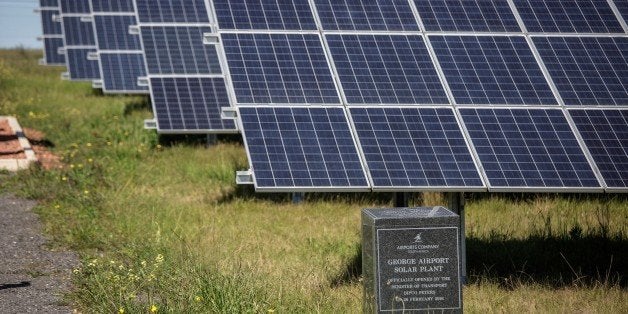 This photo taken on September 26, 2016 at the George airport, South Africa, shows solar panels. Africa gets is first solar-powered airport in George, with a plant that converts solar energy into direct current electricity using solar panels. The operation produces up to 750 kilowatts a day and powers 41 percent of the airport, with the aim to convert to 100 percent function by the end of the year. / AFP / GIANLUIGI GUERCIA / TO GO WITH AFP STORY BY BEATRICE DEBUT (Photo credit should read GIANLUIGI GUERCIA/AFP/Getty Images)