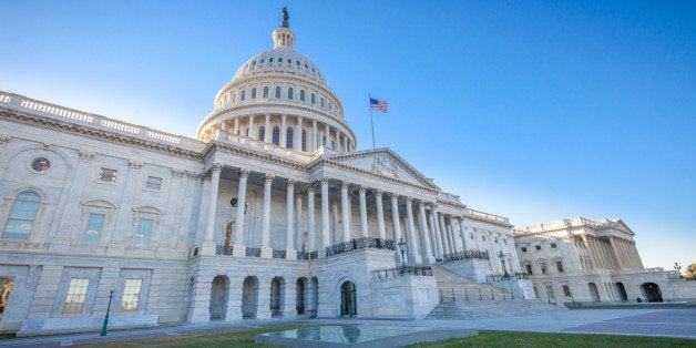 Low angled view of the U.S. Capitol East Facade Front in Washington, DC.