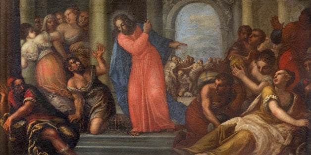 Padua - Paint of Jesus Cleanses the Temple scene in the church Chiesa di San Gaetano and the chapel of the Crucifixion by unknown painter form 17. cent.