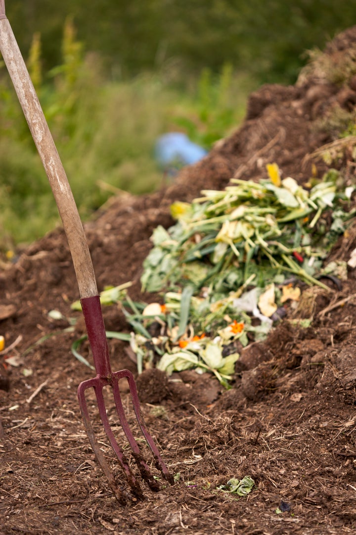 Pitch Fork in Organic Compost Pile, Laugaras, South Iceland, Iceland