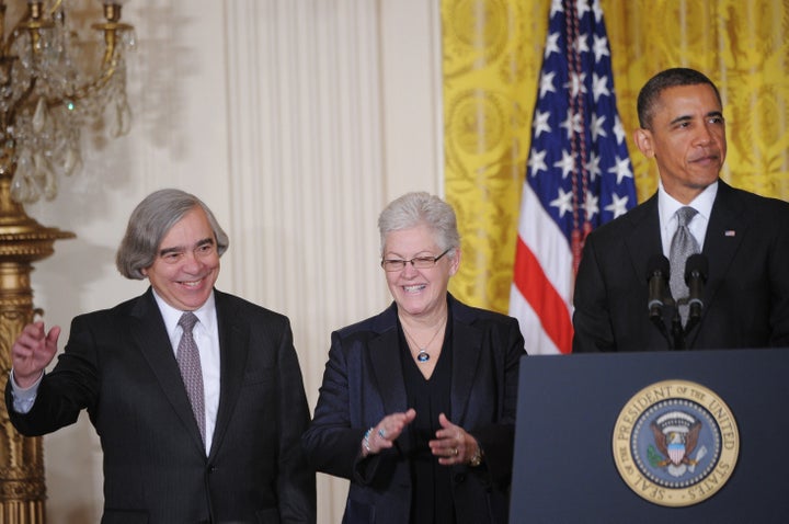 US President Barack Obama speaks alongside MIT scientist Ernest Moniz (L), his nominee to head the Energy Department and Gina McCarthy (C), nominee to run the Environmental Protection Agency(EPA) on March 4, 2013 in the East Room of the White House in Washington, DC. AFP PHOTO/Mandel NGAN (Photo credit should read MANDEL NGAN/AFP/Getty Images)