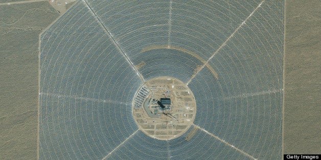 IVANPAH SOLAR POWER FACILITY, IVANPAH, SAN BERNADINO COUNTY, CALIFORNIA - AUGUST 15, 2012: This is a satellite image of the Ivanpah Solar Power Facility, Ivanpah, San Bernadino County, California collected on August 15, 2012. (Photo DigitalGlobe via Getty Images)