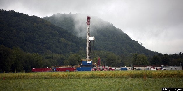 FAIRFIELD TOWNSHIP, PA - SEPTEMBER 8: A soybean field lies in front of a natural gas drilling rig September 8, 2012 in Fairfield Township, Pennsylvania. The area sits above the Marcellus Shale where the search for natural gas uses a controversial method known as hydrofracking. Hydrofracking involves pumping millions of gallons of water, sand and chemicals into horizontally drilled wells to stimulate the release of the gas. The Marcellus Shale gas field stretches diagonally across West Virginia, Ohio, Pennsylvania and New York State. Drilling operations have provided Pennsylvania with billions of dollars of income through employment and tax revenue. The environmental impact is a politically sensitive issue in a resource dependent state.