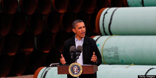 CUSHING, OK - MARCH 22: U.S. President Barack Obama speaks at the southern site of the Keystone XL pipeline on March 22, 2012