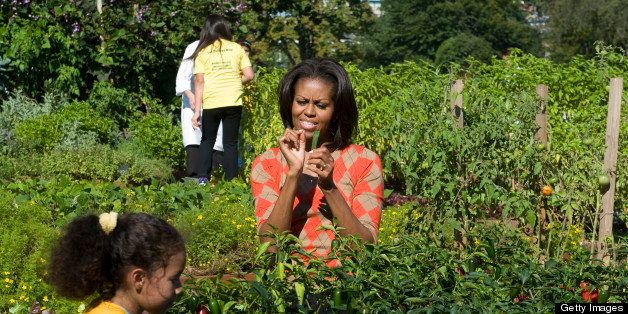 Washington, DC - October, 5: First Lady Michelle Obama stops to study an onion green as she joins local elementary students in harvesting vegetables from the White House kitchen garden on October, 05, 2011 in Washington, DC. At lower left is Mia Mejia, a 3rd grader at BAncroft elementary. (Photo by Bill O'Leary/The Washington Post via Getty Images)