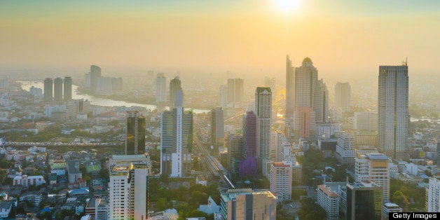 Panoramic view of urban landscape in Bangkok Thailand at high rise building