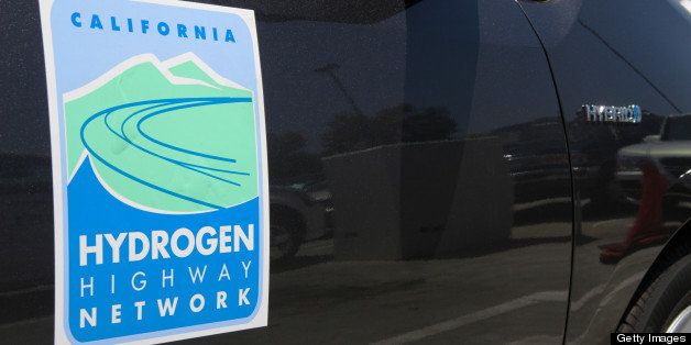 California Hydrogen Highway Network logo on Toyota Prius Hybrid car that was converted to run on hydrogen. Photographed during Hydrogen Day at the California Science Center, the final stop for the Hydrogen Road Tour 2008. Los Angeles, California, August 23