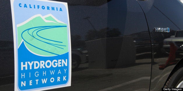 California Hydrogen Highway Network logo on Toyota Prius Hybrid car that was converted to run on hydrogen. Photographed during Hydrogen Day at the California Science Center, the final stop for the Hydrogen Road Tour 2008. Los Angeles, California, August 23