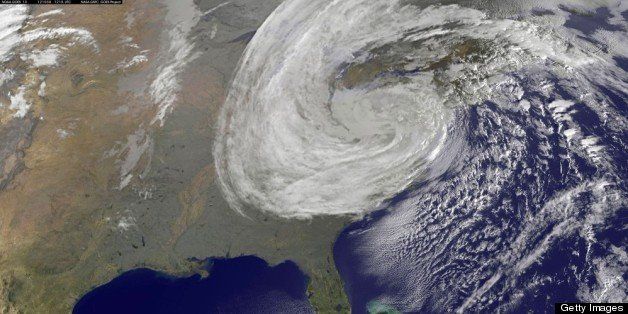 IN SPACE - OCTOBER 30: In this handout GOES satellite image provided by NASA, Hurricane Sandy, pictured at 1255 UTC, moves inland across the mid-Atlantic region on October 30, 2012 in the Atlantic Ocean. The storm has claimed at least 33 lives in the United States, and has caused massive flooding across much of the Atlantic seaboard. US President Barack Obama has declared the situation a 'major disaster' for large areas of the US East Coast including New York City. (Photo by NASA via Getty Images)