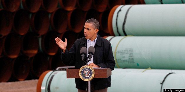 CUSHING, OK - MARCH 22: U.S. President Barack Obama speaks at the southern site of the Keystone XL pipeline on March 22, 2012 in Cushing, Oklahoma. Obama is pressing federal agencies to expedite the section of the Keystone XL pipeline between Oklahoma and the Gulf Coast (Photo by Tom Pennington/Getty Images)