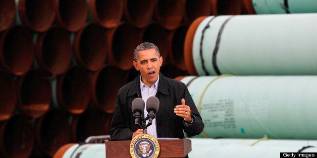 CUSHING, OK - MARCH 22: U.S. President Barack Obama speaks at the southern site of the Keystone XL pipeline on March 22, 2012 in Cushing, Oklahoma. Obama is pressing federal agencies to expedite the section of the Keystone XL pipeline between Oklahoma and the Gulf Coast (Photo by Tom Pennington/Getty Images)