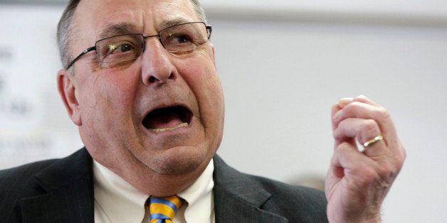 FILE - In this March 10, 2014, file photo, Maine Gov. Paul LePage speaks during a news conference in Brunswick, Maine. Gov. Paul LePage, outraged that National Football League player Ray Rice received only a two-game suspension for a domestic violence arrest, pledged to boycott the league and called on its commissioner to take the issue seriously, Wednesday, Aug. 13, 2014. (AP Photo/Robert F. Bukaty, File)