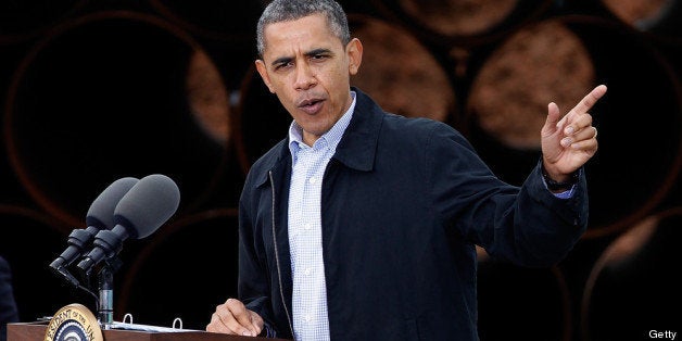 CUSHING, OK - MARCH 22: U.S. President Barack Obama speaks at the southern site of the Keystone XL pipeline on March 22, 2012 in Cushing, Oklahoma. Obama is pressing federal agencies to expedite the section of the Keystone XL pipeline between Oklahoma and the Gulf Coast. (Photo by Tom Pennington/Getty Images)