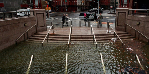 NEW YORK, NY - OCTOBER 30: Water floods the Plaza Shops in the wake of Hurricane Sandy, on October 30, 2012 in Manhattan, New York.The storm has claimed at least 33 lives in the United States, and has caused massive flooding across much of the Atlantic seaboard. US President Barack Obama has declared the situation a 'major disaster' for large areas of the US East Coast including New York City. (Photo by Allison Joyce/Getty Images)