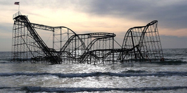 SEASIDE HEIGHTS, NJ - FEBRUARY 19: The Star Jet roller coaster remains in the water after the Casion Pier it sat on collapsed