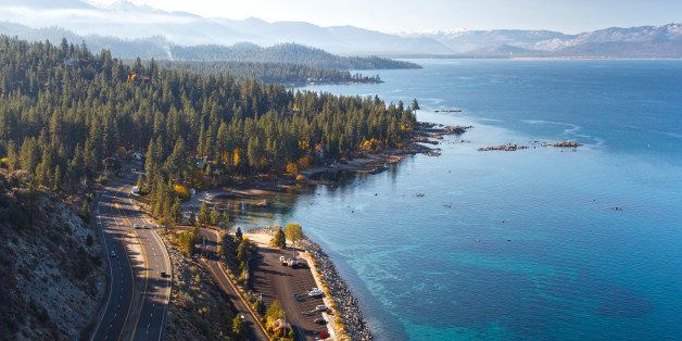 Highway 50 winding around the east shore of Lake Tahoe in Nevada on an Autumn morning.