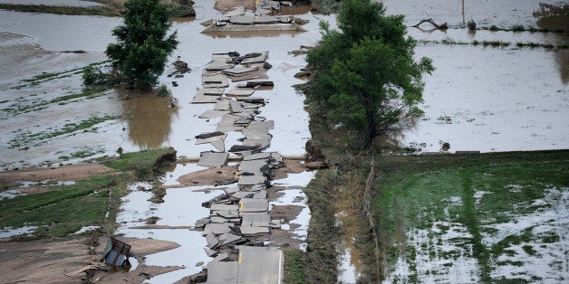 GREELEY, CO. - SEPTEMBER 16: a section of U.S.34 outside Greeley is crumbled into pieces in the flood waters. Aerial photographs of the South Platte River flooding cities and farms in Weld County Colorado. (Photo By Tim Rasmussen/The Denver Post via Getty Images)