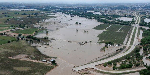 GREELEY, CO. - SEPTEMBER 16: U.S.34 outside Greeley ripped apart by the South Platte River. Aerial photographs of the South Platte River flooding cities and farms in Weld County Colorado. (Photo By Tim Rasmussen/The Denver Post via Getty Images)