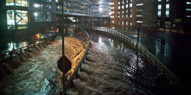 NEW YORK, NY - OCTOBER 29: Water rushes into the Carey Tunnel (previously the Brooklyn Battery Tunnel), caused by Hurricane Sandy, October 29, 2012, in the Financial District of New York, United States. Hurricane Sandy, which threatens 50 million people in the eastern third of the U.S., is expected to bring days of rain, high winds and possibly heavy snow. New York Governor Andrew Cuomo announced the closure of all New York City will bus, subway and commuter rail service as of Sunday evening (Photo by Andrew Burton/Getty Images)