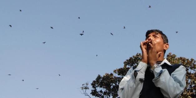 To Go With 'Nepal-wildlife-conservation' by Deepesh Shrestha Nepalese bird enthusiast Gautam Sapkota mimics the sound of the birds flying above him in Kathmandu on December 18, 2008. Sapkota can mimic around 150 bird calls, and earlier this year was named young conservationists of the year by the World Wildlife Fund for his ability to enagage and entertain young people on how to preserve Nepal's birds. AFP PHOTO (Photo credit should read STR/AFP/Getty Images)