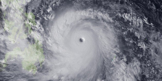 NOVEMBER 7: In this handout from the National Oceanic and Atmospheric Administration (NOAA), Super Typhoon Haiyan moves towards the Philippines November 7, 2013 in the Pacific Ocean. The storm is packing sustained winds of 140 mile per hour (225 kilometers per hour) as it heads towards the island country. (Photo by NOAA via Getty Images)