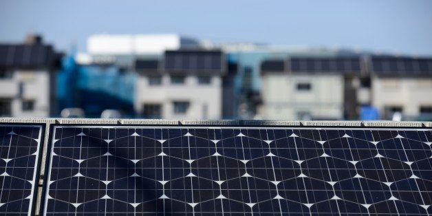 Solar panels, manufactured by Panasonic Corp., sit at Fujisawa Sustainable Smart Town (SST), also developed by Panasonic, in