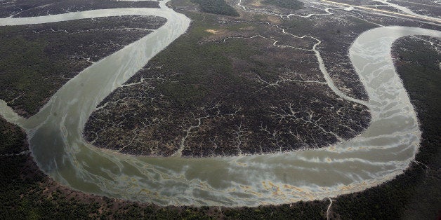 Creeks and vegetations devastated as a result of spills from oil thieves in the Niger Delta on March 22, 2013. Shell Petroleum Development Company of Nigeria (SPDC) has threatened to shut down production in April for nine days in the entire Nembe Creek Truck Line (NCTL) to remove a number of bunkering points on pipelines vandalised by oil thieves in the region. 'Whenever we observe a spill, or have a spill on our lines, we shut down production to depressurize and isolate the line, only then can we safely repare our lines because it is then safe to manipulate the line', said Jurgen Jonzen, SPDC corporate pipeline asset manager. Last year, 157 bunkering points were removed and 116 were leaking on the whole SPDC exploitation. Since 2009, SPDC has exprienced an upsurge in vandalisation of pipeline network by criminals causing severe environmental devastation of the region and forcing the company to lose 60 000 barrels daily this year. AFP PHOTO / PIUS UTOMI EKPEI (Photo credit should read PIUS UTOMI EKPEI/AFP/Getty Images)