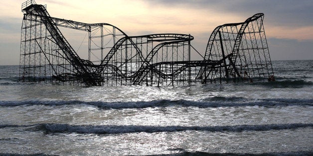 SEASIDE HEIGHTS, NJ - FEBRUARY 19: The Star Jet roller coaster remains in the water after the Casion Pier it sat on collapsed