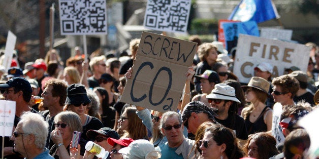 LOS ANGELES, CA - FEBRUARY 17: Demonstrators march to the 'Forward on Climate' rally to call on President Obama to take stro