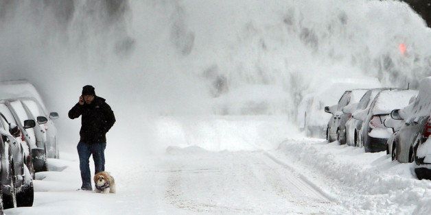 NEW YORK, NY - JANUARY 03: A man and his dog contend with blowing snow in Brooklyn following a snow storm that left up to 8 inches of snow on January 3, 2014 in New York, United States. The major winter snowstorm, which forced New York City public schools to close and shut down the Long Island Expressway, is being viewed as a test for the new mayor of New York City Bill de Blasio. Dangerously cold temperates are predicted for the day and evening hours. (Photo by Spencer Platt/Getty Images)