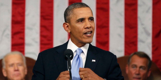 WASHINGTON, DC - JANUARY 28: U.S. President Barack Obama delivers his State of the Union speech on Capitol Hill on January 28, 2014 in Washington, DC. In his fifth State of the Union address, Obama is expected to emphasize on healthcare, economic fairness and new initiatives designed to stimulate the U.S. economy with bipartisan cooperation. (Photo by Larry Downing-Pool/Getty Images)