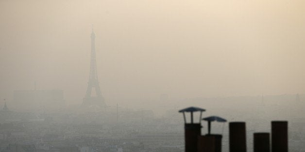 Photo taken on March 11, 2014 shows the Eiffel tower and Paris' roofs through a haze of pollution. French non-governmental or